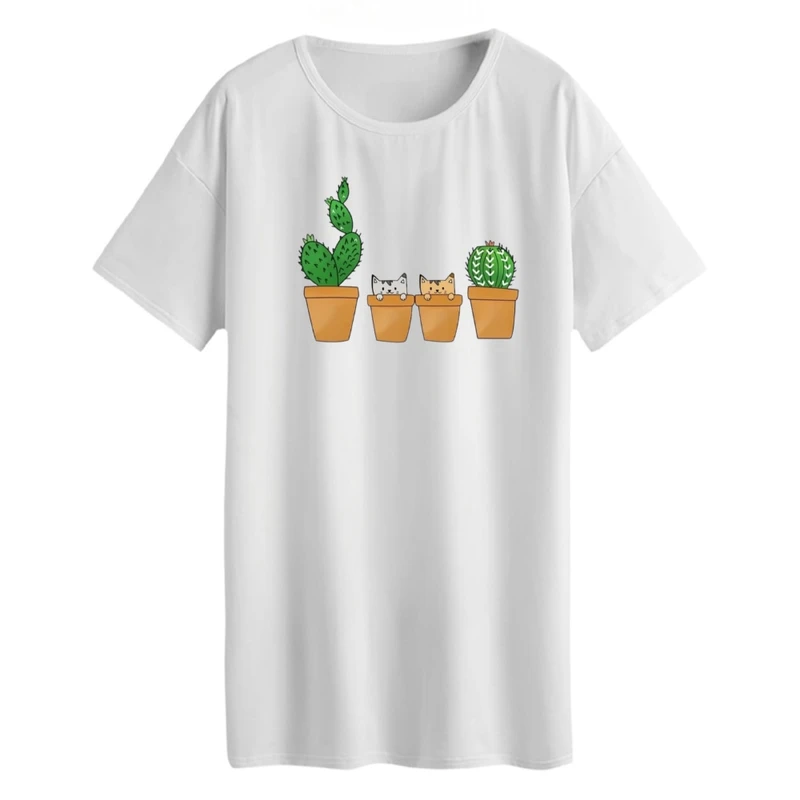 تی شرت لانگ زنانه مدل کاکتوس و گربه رنگ سفید
