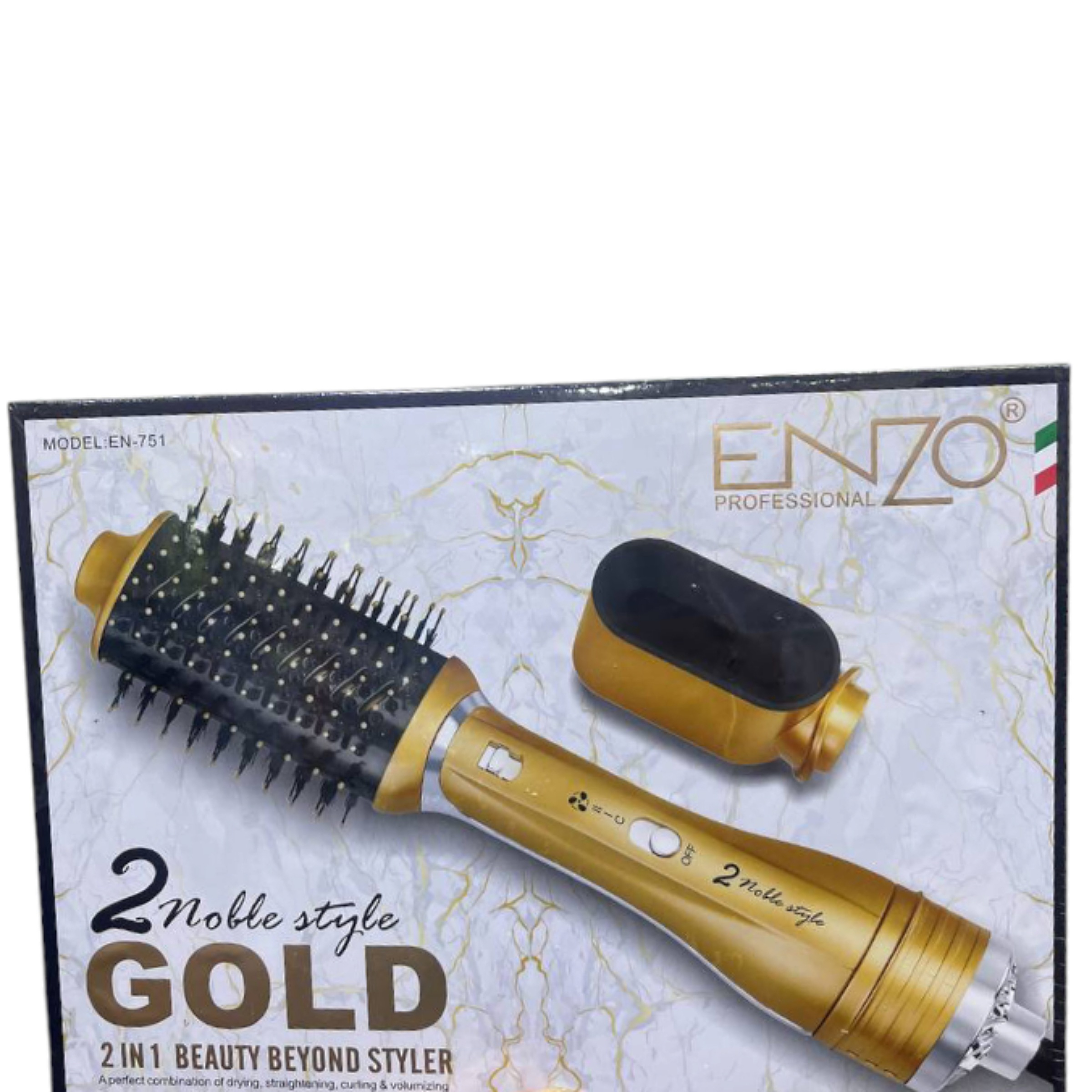 سشوار برس‌دار چرخشی انزو پروفیشینال مدل EN-751 با توان 1200 وات، تنظیم دما در 3 حالت، تنظیم سرعت در 2 حالت، فناوری یون سرامیکی، سری سرامیکی ضدسوختگی، همراه با سری برس گرد پهن و نازل صاف‌کننده، مناسب استفاده حرفه‌ای و آرایشگاهی