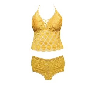 ست شورت و نیم تنه زنانه مدل پر طاووس رنگ خردلی