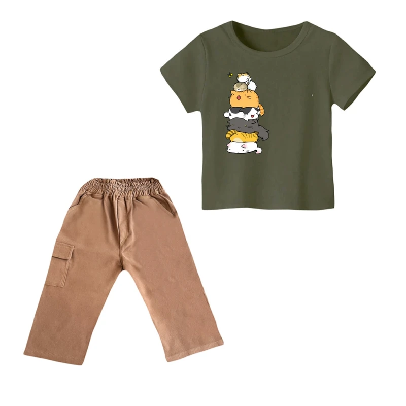 ست تی شرت و شلوارک پسرانه مدل گربه کد ۶ رنگ سبز