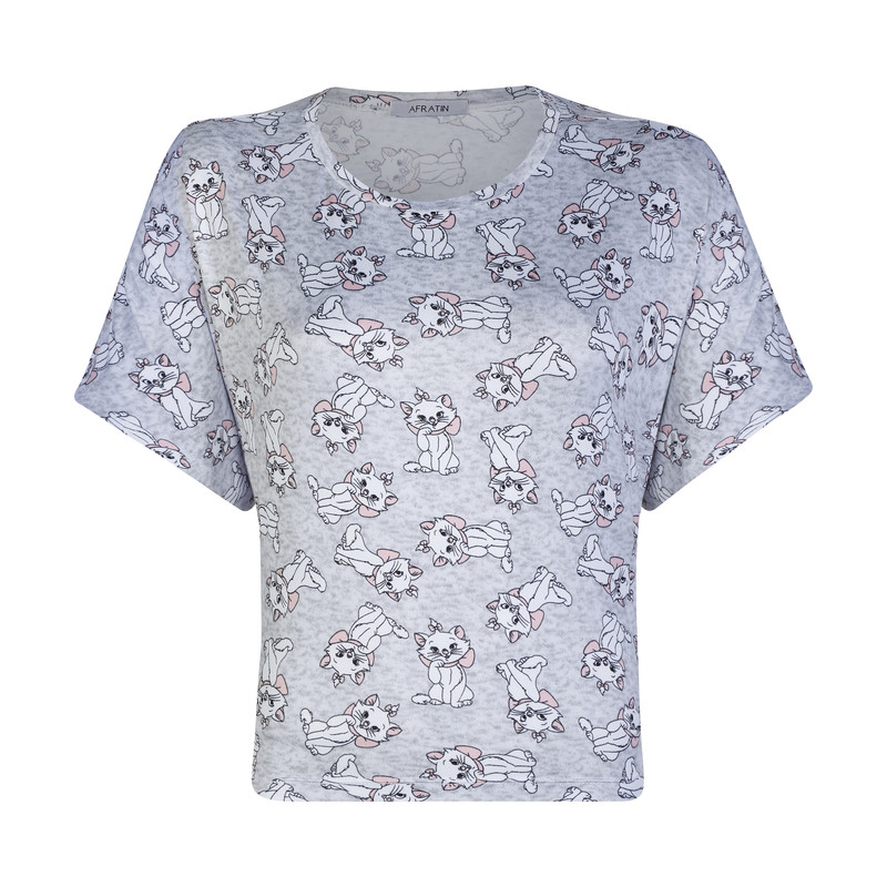 ست کراپ تی شرت و شلوارک زنانه افراتین مدل گربه کد 6584 رنگ طوسی