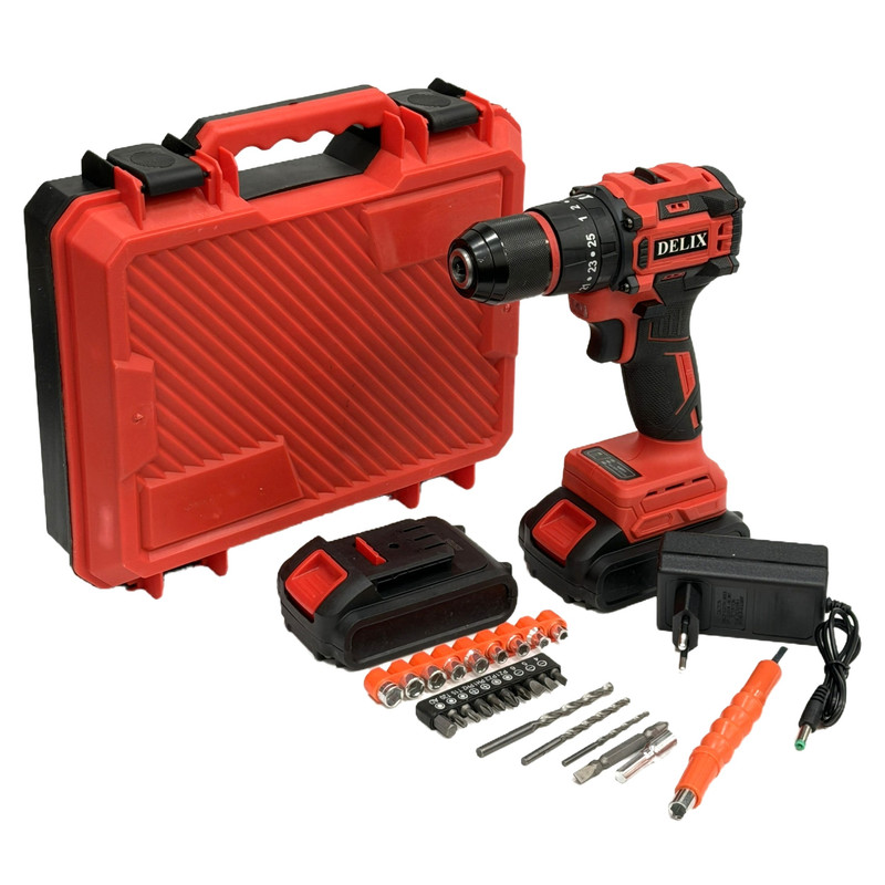 دریل پیچ گوشتی شارژی چکشی 13 میلیمتری 128 ولت دلیکس کد BRSH01 مجموعه 50 عددی