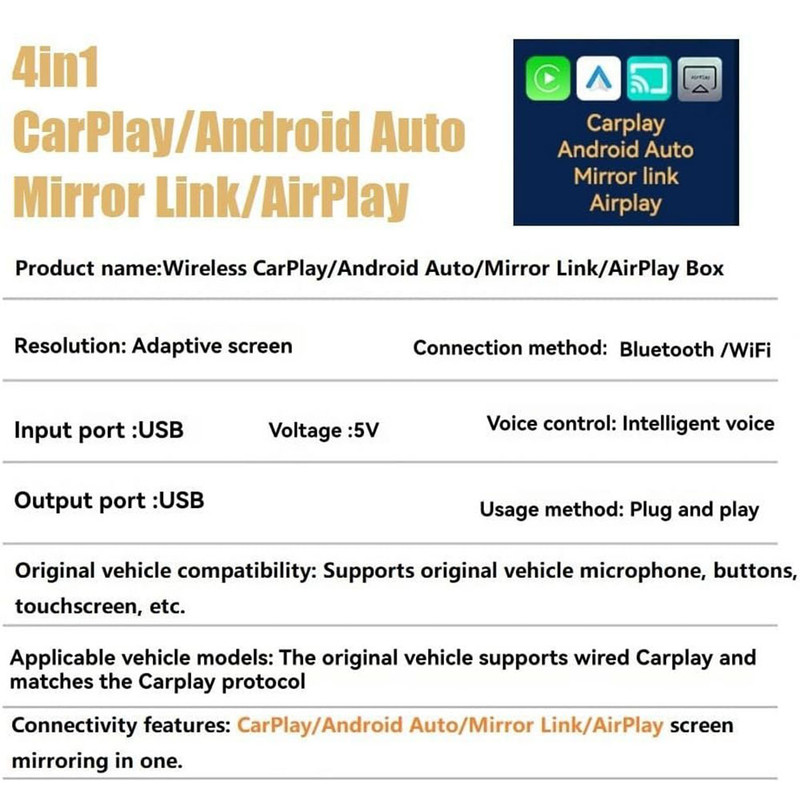  دانگل وایرلس کارپلی، اندروید اتو، میرور لینک و ایر پلی مدل 4in1 Q1AS به همراه مبدل USB به USB-C