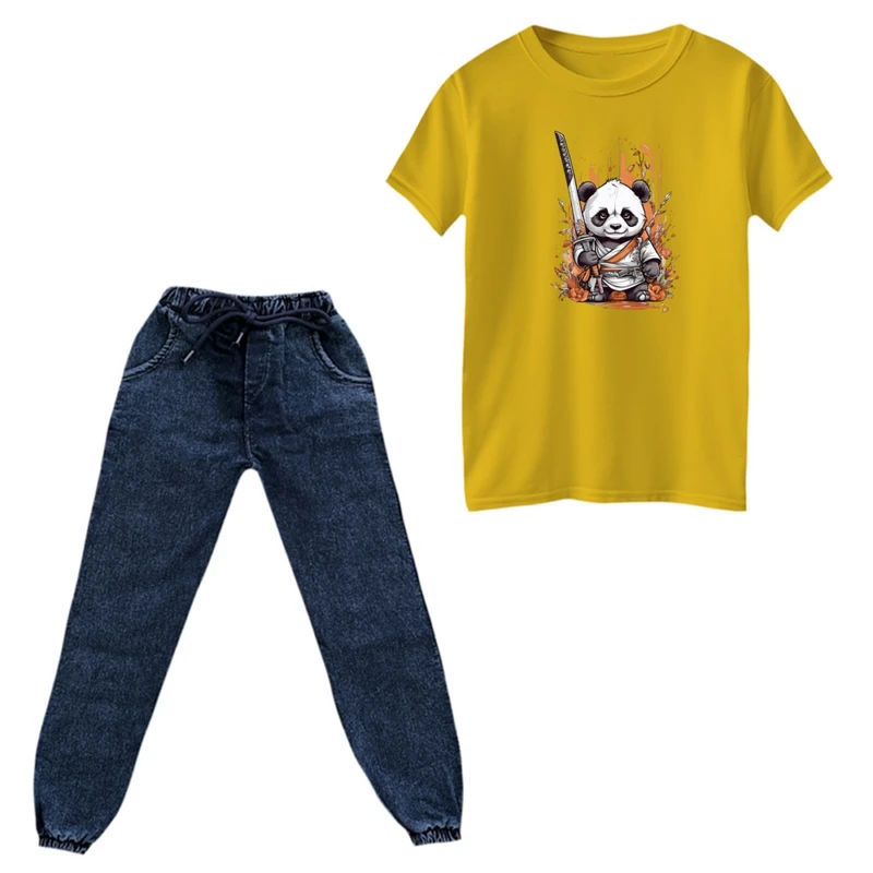 ست تی‌شرت آستین کوتاه و شلوار پسرانه مدل پاندا و شمیر کد 2