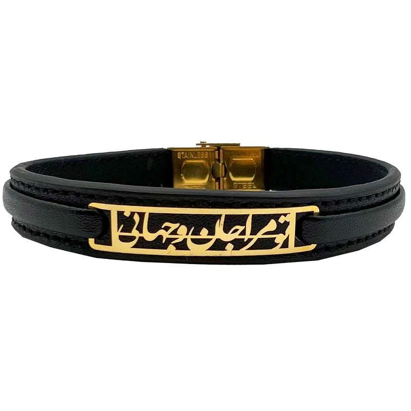 دستبند طلا 18 عیار مردانه با بند چرمی آی گلد مدل تو مرا جان و جهانی کد 01