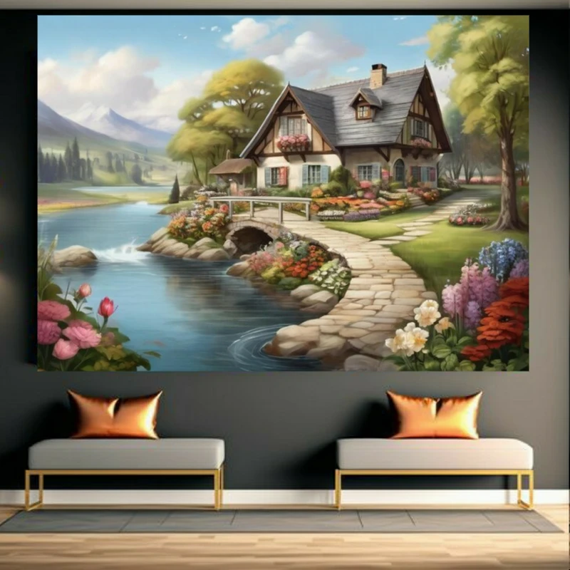 تابلو بوم طرح مخمل نقاشی خانه و دریاچه کد GR1102