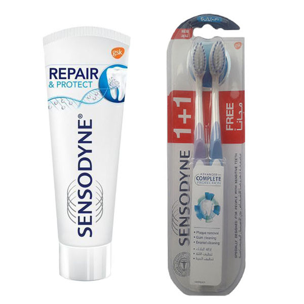 خمیر دندان سنسوداین مدل REPARE حجم 75 میلی لیتر به همراه مسواک سنسوداین مدل PACK با برس نرم بسته 2 عددی