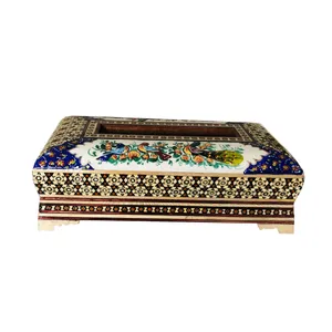 جعبه دستمال کاغذی خاتم کاری طرح گل و مرغ کد 10324