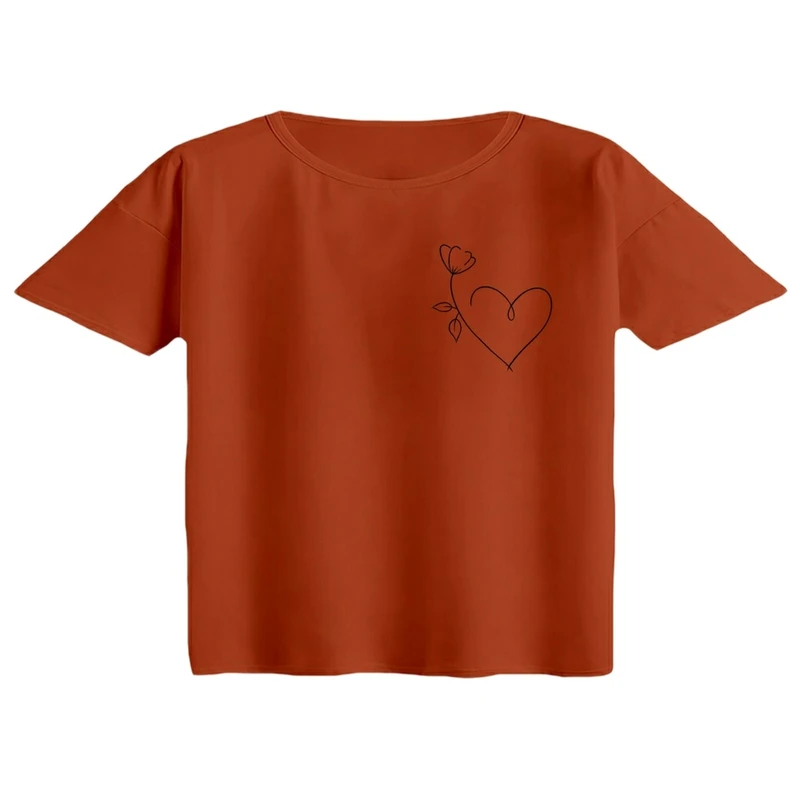 کراپ تی‌شرت آستین کوتاه زنانه مدل قلب خطی رنگ آجری تیره