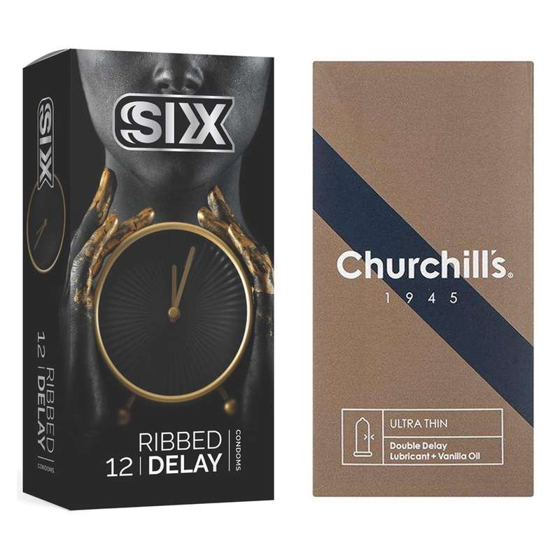 کاندوم چرچیلز مدل Ultra Thin Double Delay بسته 12 عددی به همراه کاندوم سیکس مدل Ribbed Delay بسته 12 عددی