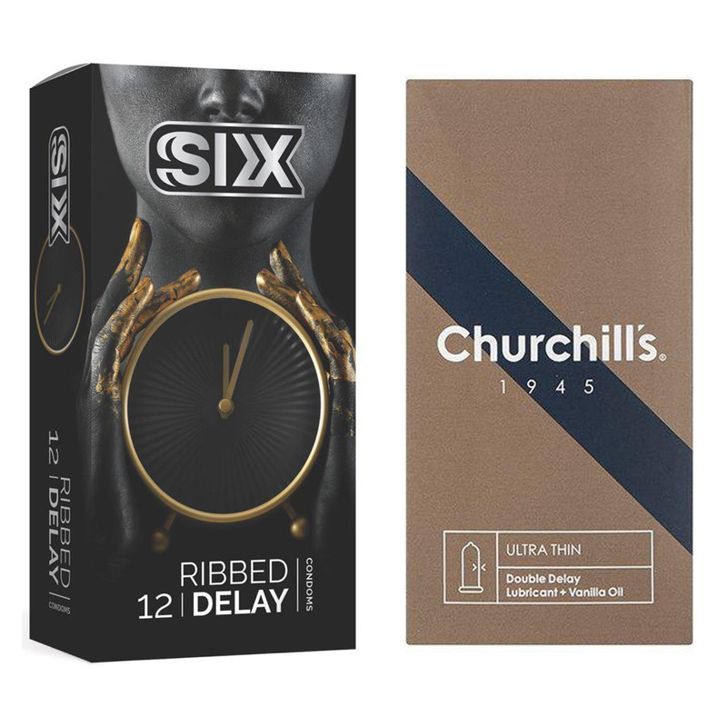 کاندوم چرچیلز مدل Ultra Thin Double Delay بسته 12 عددی به همراه کاندوم سیکس مدل Ribbed Delay بسته 12 عددی