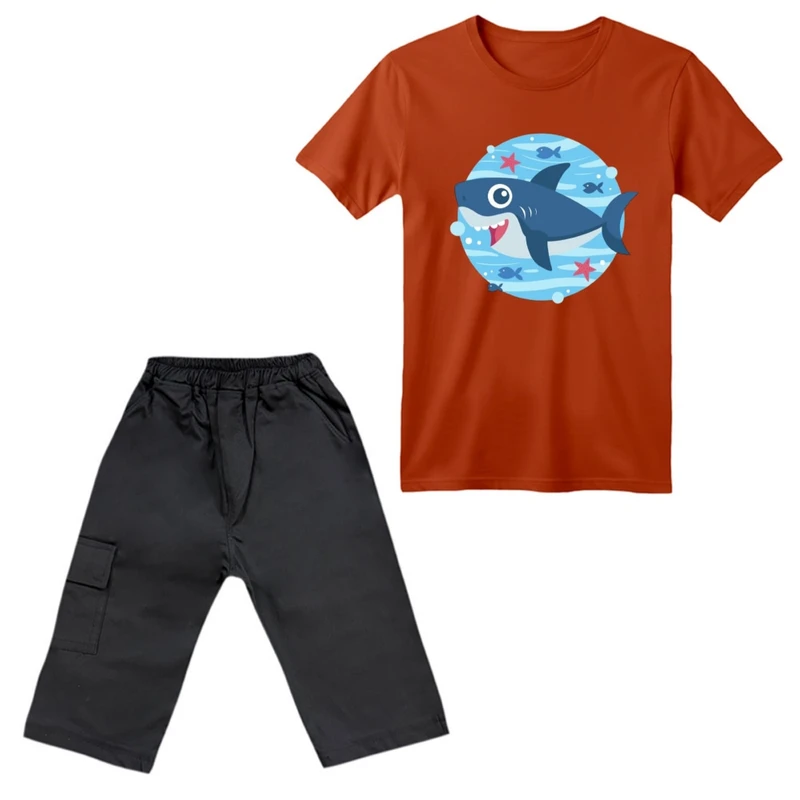 ست تی‌شرت آستین کوتاه و شلوارک پسرانه مدل کوسه کد ۱۱