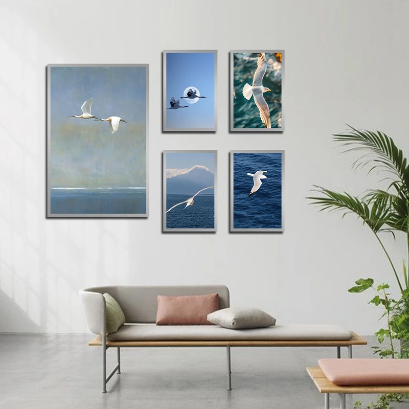 تابلو بکلیت طرح طبیعت دریا و مرغان دریایی مدل SI-3461 فریم نقره ای مجموعه 5 عددی