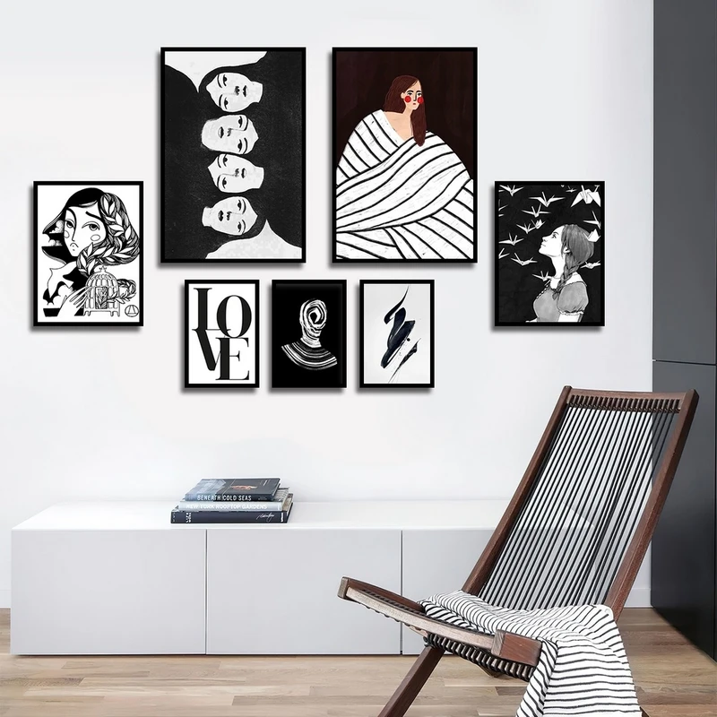 تابلو بکلیت طرح نقاشی مینیمال LOVE و چهره مدل B-2357 مجموعه 7 عددی