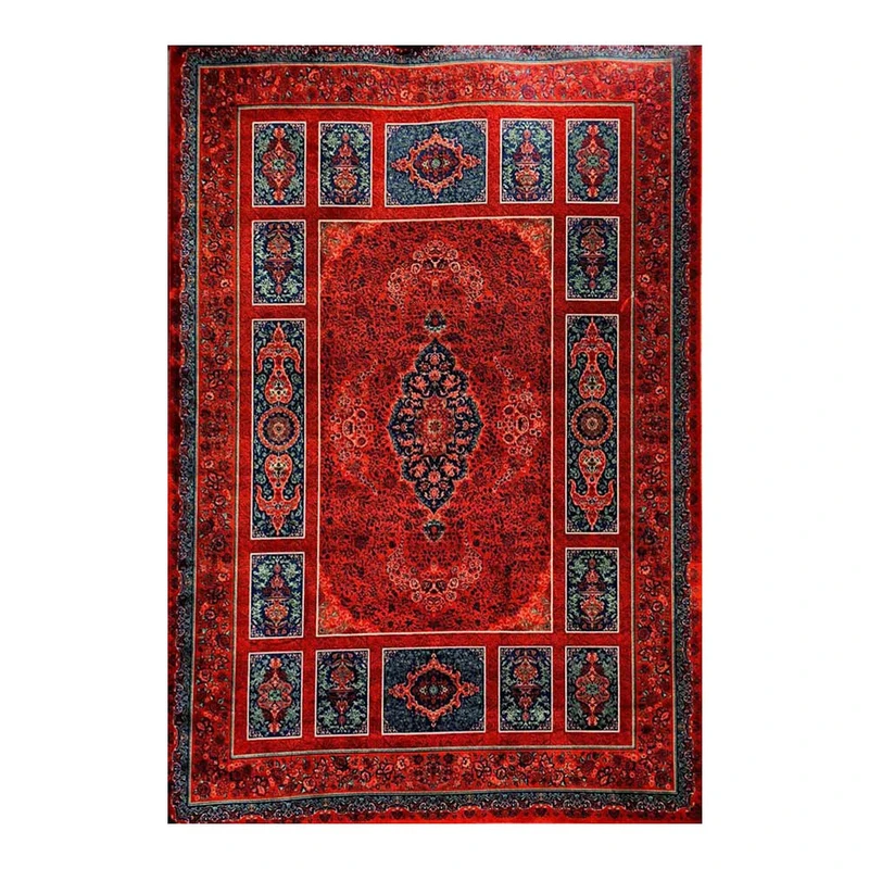 فرش ماشینی 1200 شانه زمینه لاکی حاشیه سبز مدل آوانگارد طرح کتیبه