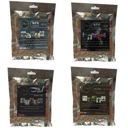کود فسفر ریشه زایی 10-52-10 وگلدهی 36-12-12 و امینو اسید و محرک رشد هیومیک اسید مدل raw material وزن 200 گرم بسته 4 عددی