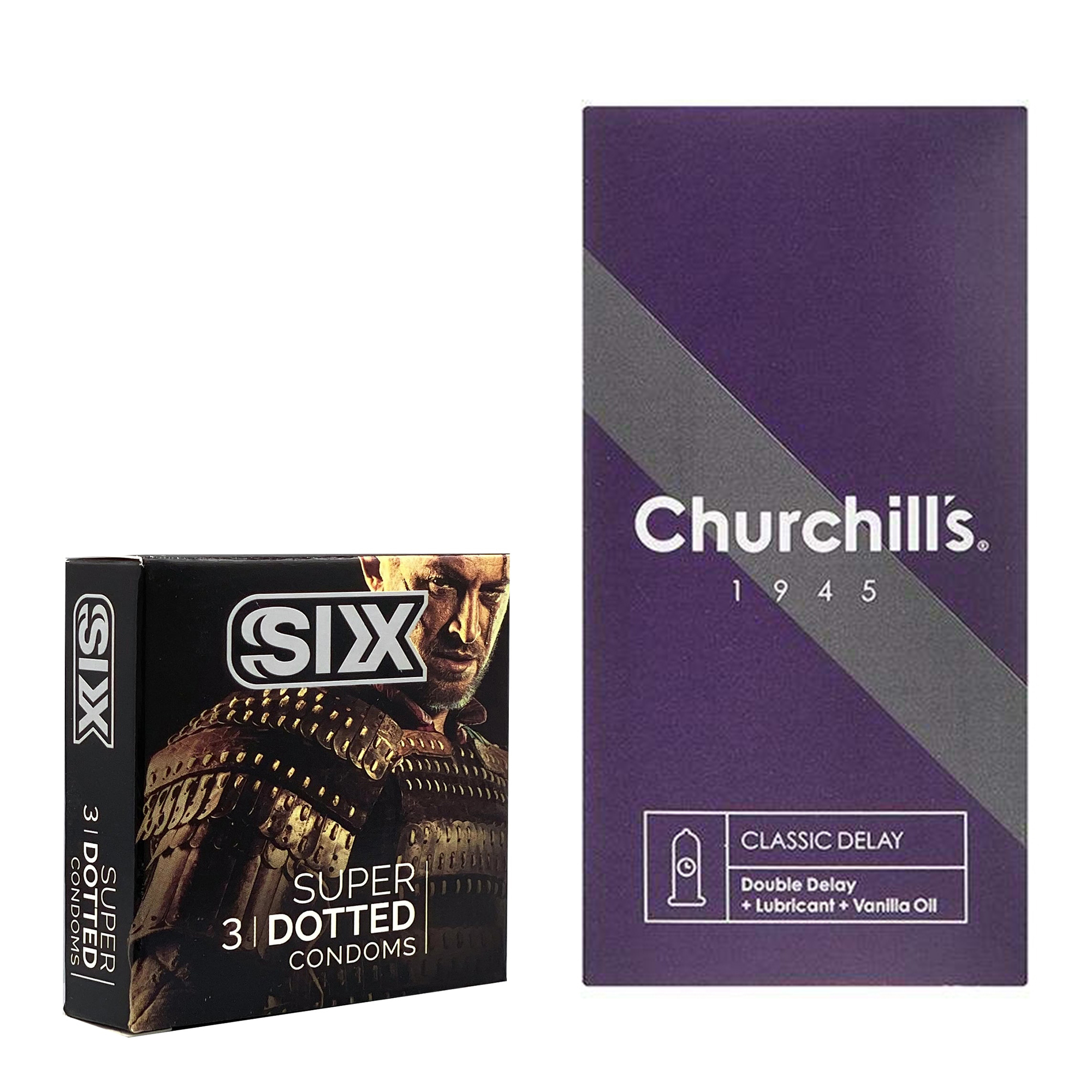 کاندوم چرچیلز مدل Classic Delay بسته 12 عددی به همراه کاندوم سیکس مدل خاردار بسته 3 عددی 