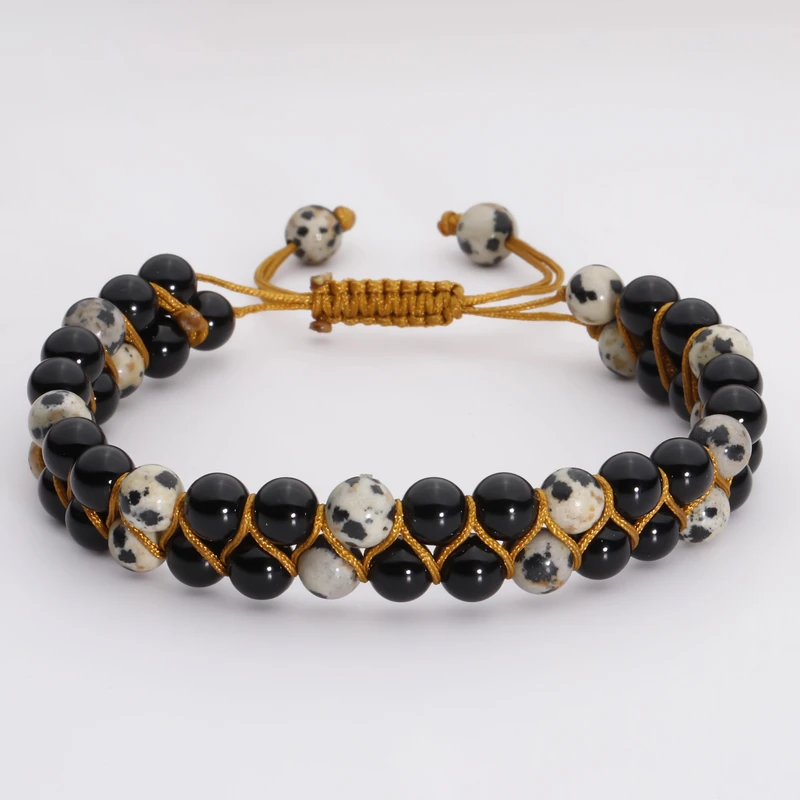 دستبند مردانه گالری گوهرسنگ مدل سنگ اونیکس و دالماتیان کد GS404M