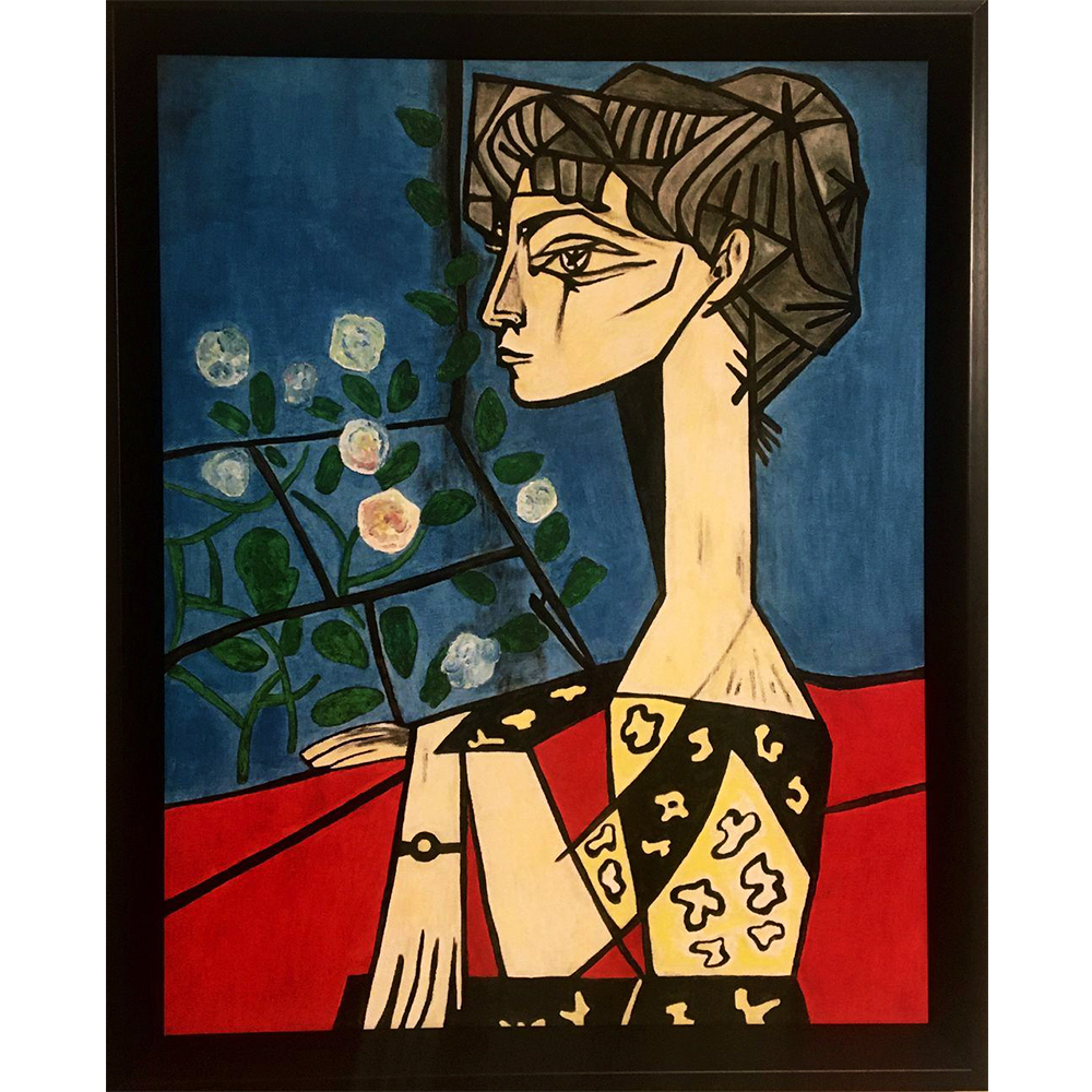 تابلو نقاشی رنگ روغن طرح ژاکلین با گل ها کد 1-Picasso