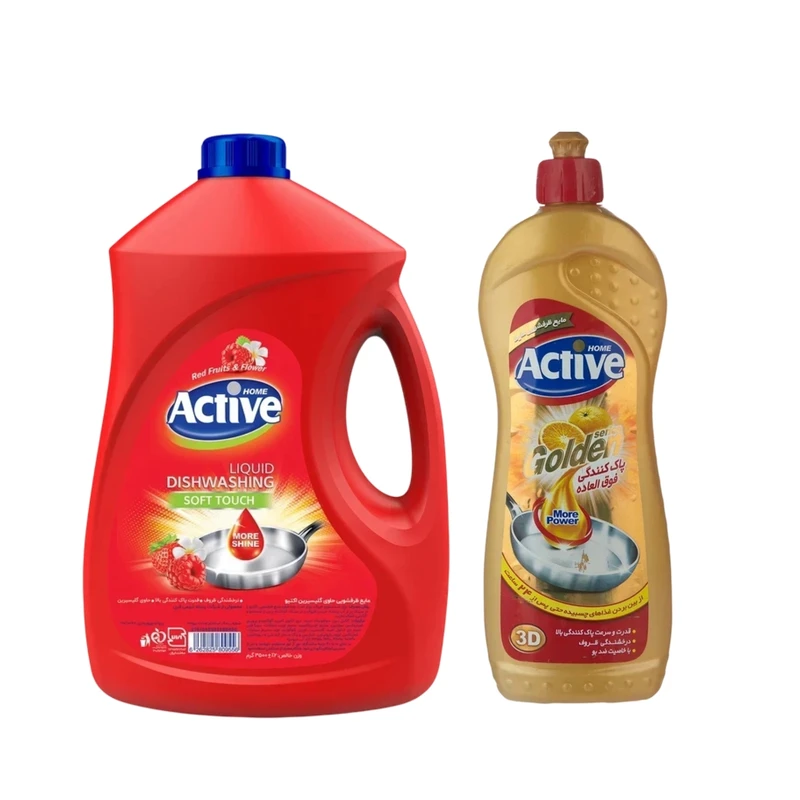مایع ظرفشویی اکتیو سری Golden مدل Orange وزن ۷۵۰ گرمی به همراه مایع ظرفشویی اکتیو مدل Red fruits and flower وزن ۳۵۰۰ گرمی