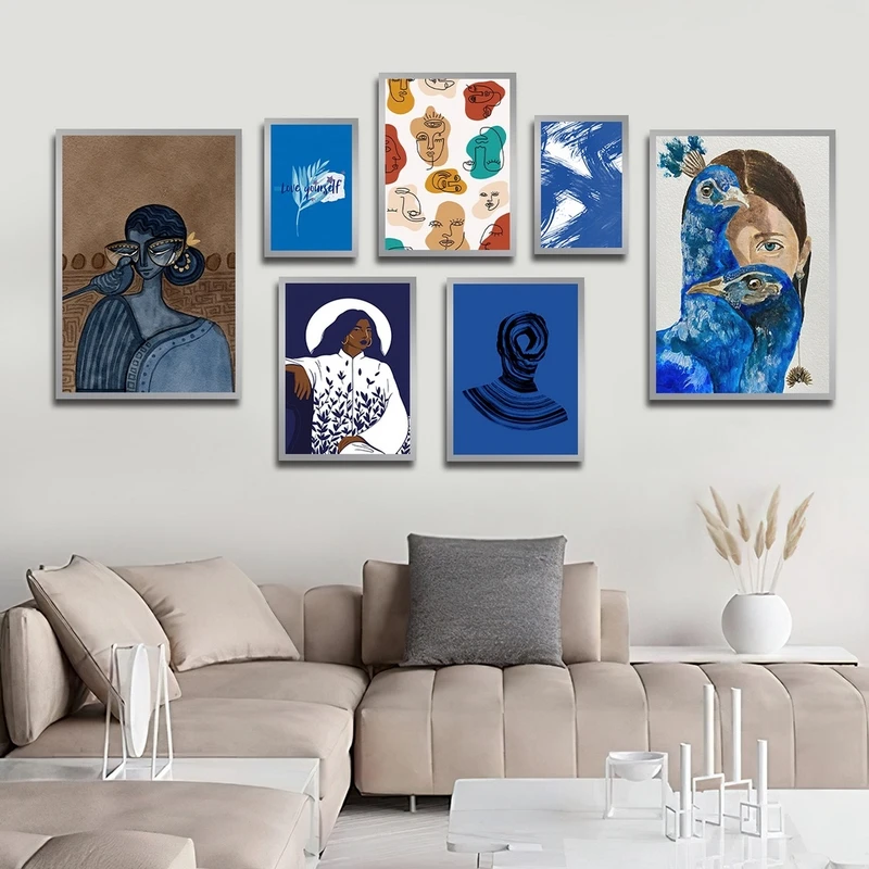 تابلو بکلیت طرح نقاشی چهره و پرنده مدل شاین اکلیلی SI-2343 فریم نقره ای مجموعه 7 عددی