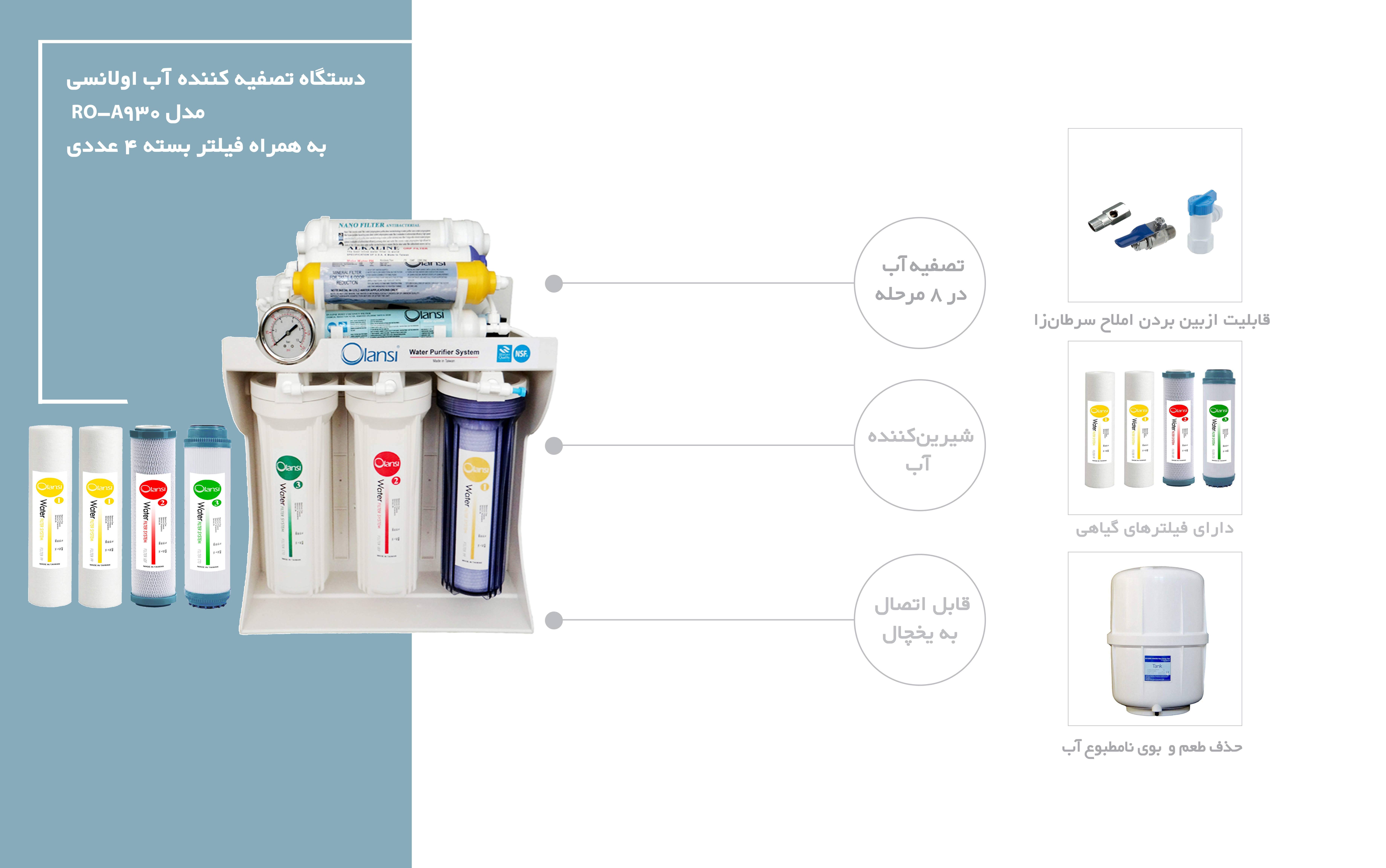 دستگاه تصفیه کننده آب اولانسی مدل RO-A930 به همراه فیلتر بسته 4 عددی quality,q 70 - دستگاه تصفیه کننده آب اولانسی مدل RO-A930 به همراه فیلتر بسته 4 عددی
