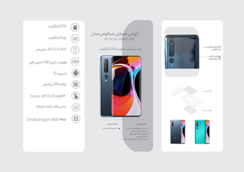 گوشی موبایل شیائومی مدل Mi 10 5G M2001J2G تک سیم کارت ظرفیت 256 گیگابایت