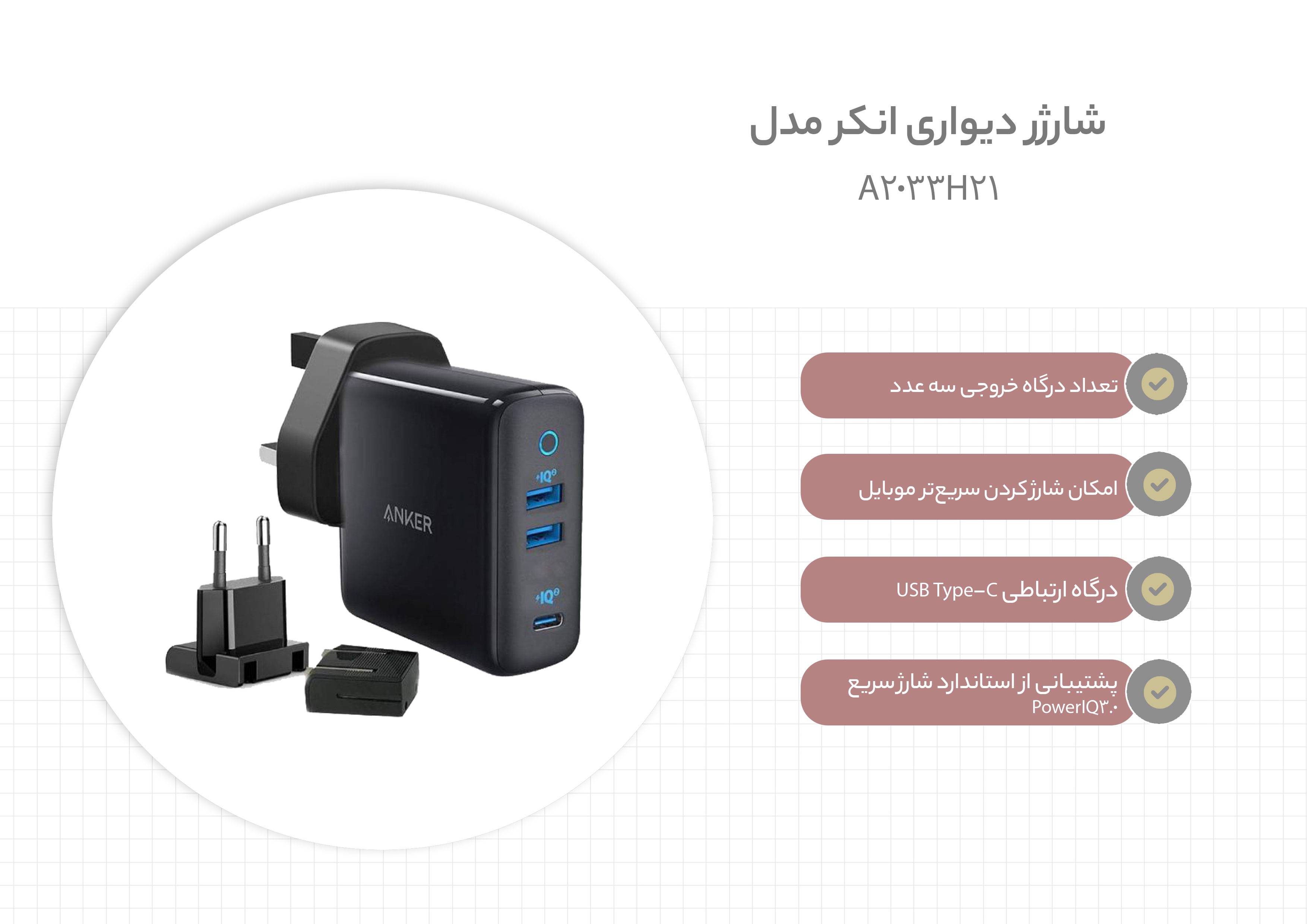 شارژر دیواری انکر مدل POWERPORT III 3PORT 65W A2033H21