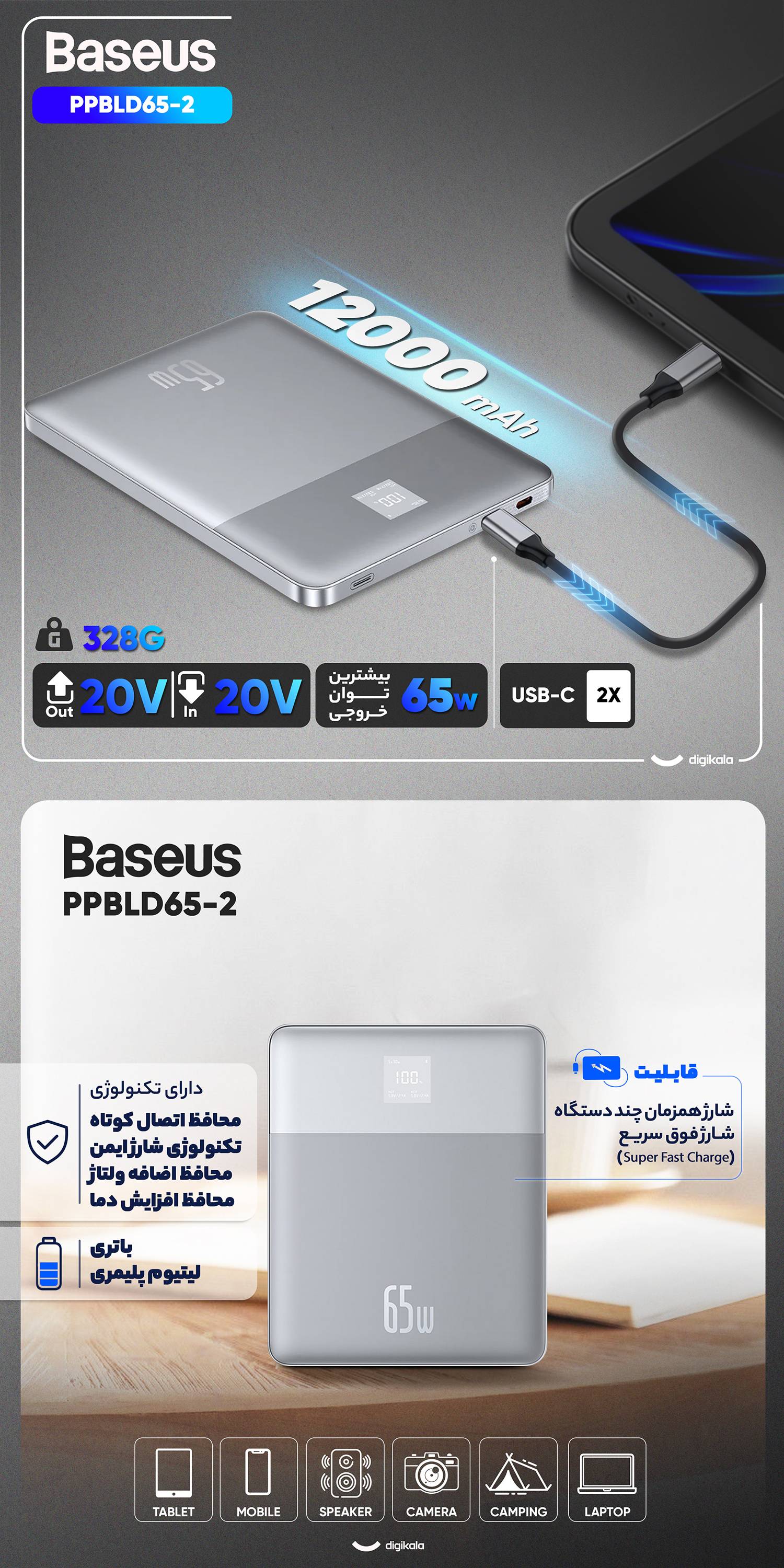 پاور بانک 65 وات بیسوس مدل PPBLD2-65 ظرفیت 12000 میلیآمپر ساعت 1 quality,q 70