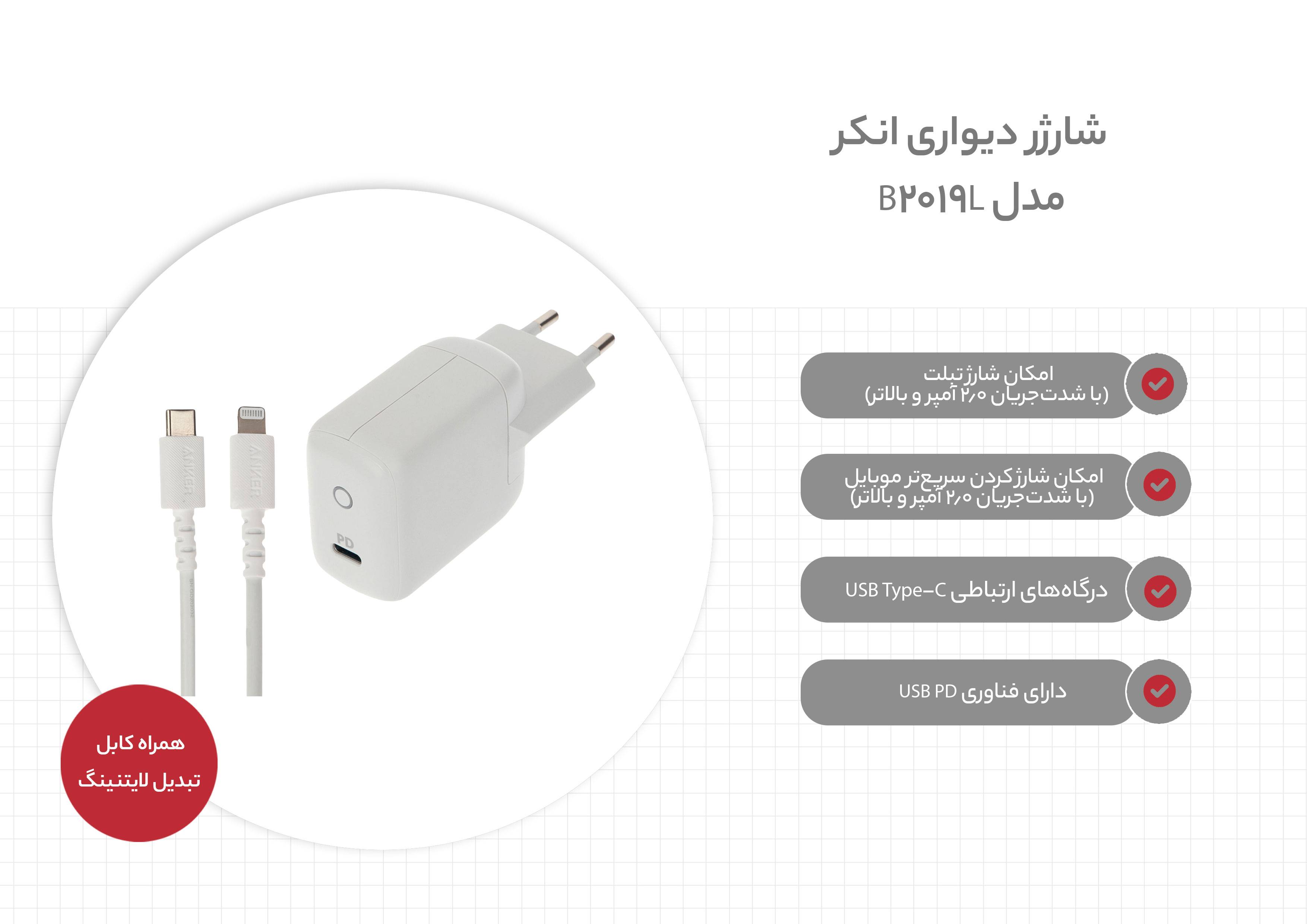 شارژر دیواری انکر مدل B2019-L به همراه کابل تبدیل لایتنینگ